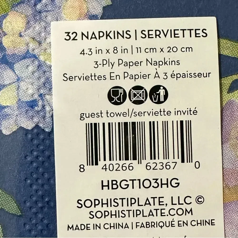SOPHISTIPLATE 32 x 2pk Hydrangea Guest Paper Towel Napkins Blue Lavender Green